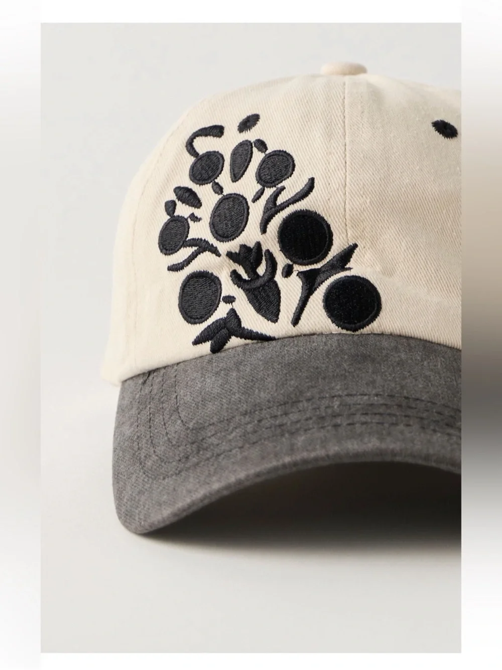 Free People Two-Tone Embroidered Floral Baseball Cap - Cream & navy and black